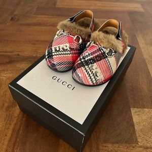 Gucci Kids Red Plaid Slippers with Brown Fur Trim Size 25 EU 8 US